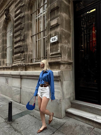 GÖMLEK POPLİN CROP YAN ÇİFT KEMER DETAYLI - Mavi