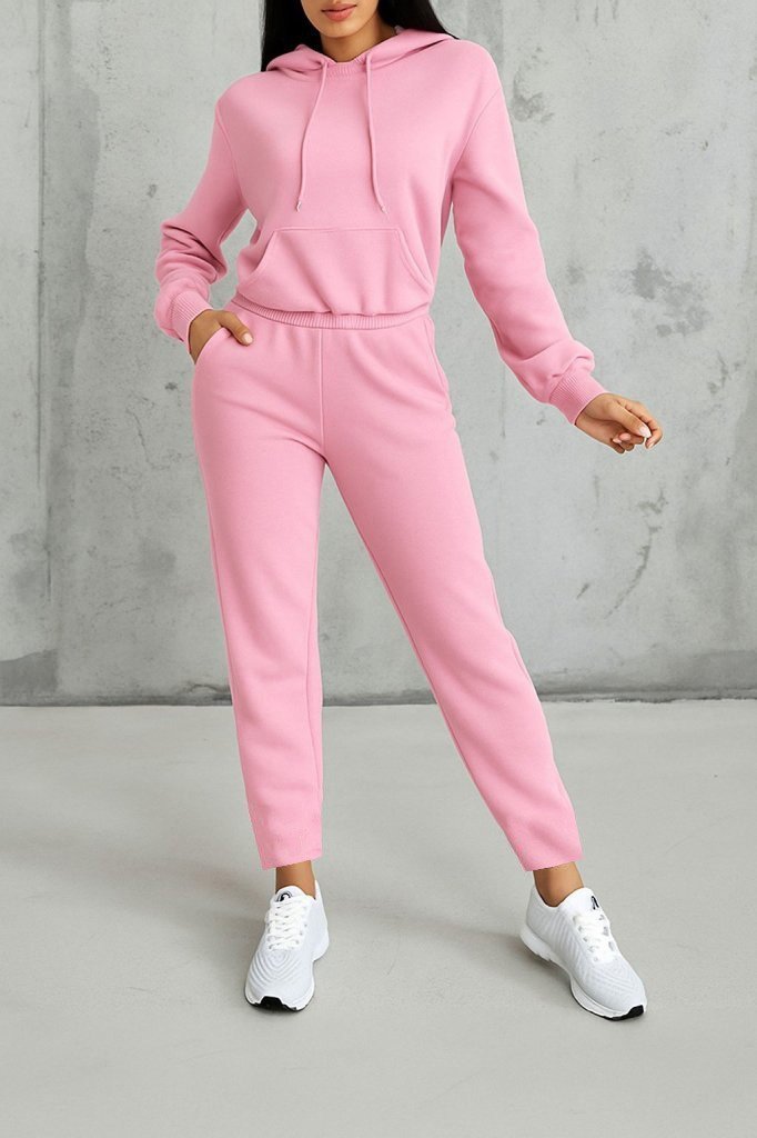 Kadın Uzun Kollu Kapşonlu Bağcıklı üç Iplik Bluz Ve Pantolon Ikili Takım