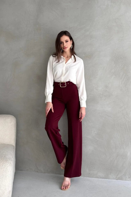 Kadın Yüksek Bel Krep Kumaş Full Likralı Ispanyol Paça Kemer Dahil Pantolon