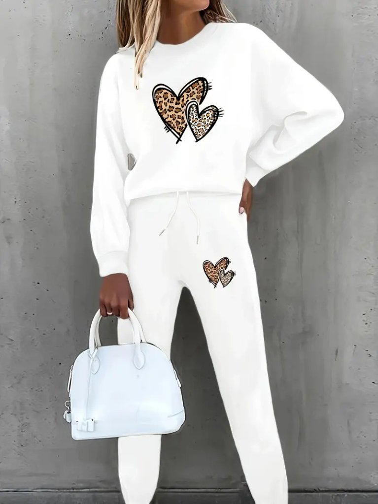 Kadın Uzun Kollu Bisiklet Yaka Kalp Desenli şardonlu üç Iplik Bluz Ve Pantolon Ikili Takım