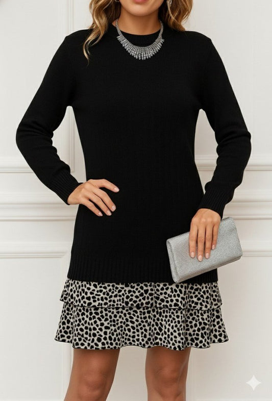 Kadın Uzun Kollu üst şardonlu Kaşkorse Alt Süprem Desenli Elbise