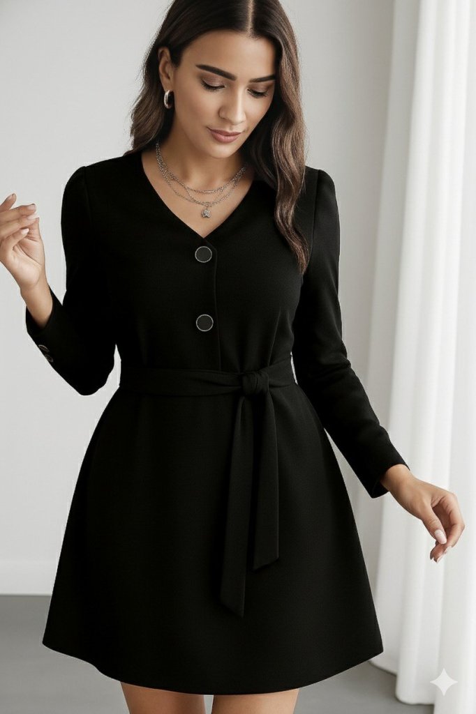 Kadın Uzun Kollu Düğme Detaylı Kendinden Kemerli Ithal Krep Elbise