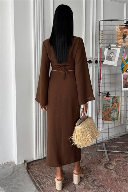 Crop Gömlekli Ve Eteği Büzgülü Tasarım Takım 10195