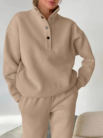 Kadın Uzun Kollu Balıkçı Dik Yakalı Düğmeli üç Iplik Bluz Ve Pantolon Ikili Takım