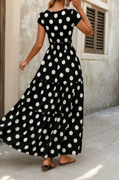 Kadın Kısa Kollu Kruvaze Yaka Beli Lastikli Süprem Maksi Boy Elbise