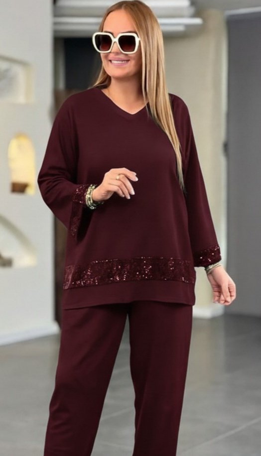 Kadın Uzun Kollu V Yakalı Pulpayet Viskon Iki Iplik Bluz Ve Pantolon Takım