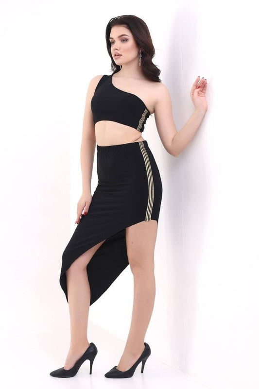 Kadın Tek Omuzlu Asimetrik Etek Şerit Detaylı Fırsat Ürün Sandy Kumaş İkili Takım