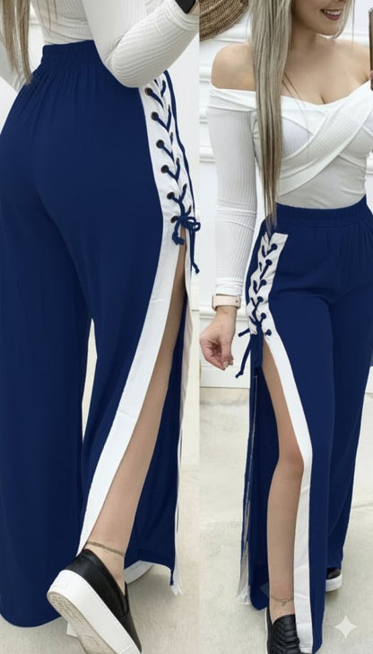 Kadın Yüksek Bel Yandan çapraz Bağcıklı Yırtmaçlı Viskon Iki Iplik Pantolon