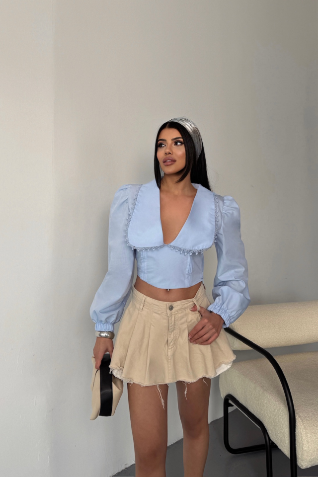 CROP POPLİN GÖMLEK YAKA KENAR DANTEL DETAYLI - Bebe Mavi