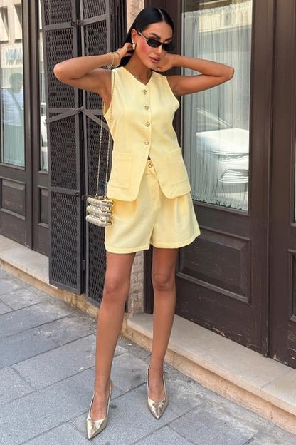 Gold Düğme Detaylı Yelek Şort Cotton Takım 10208