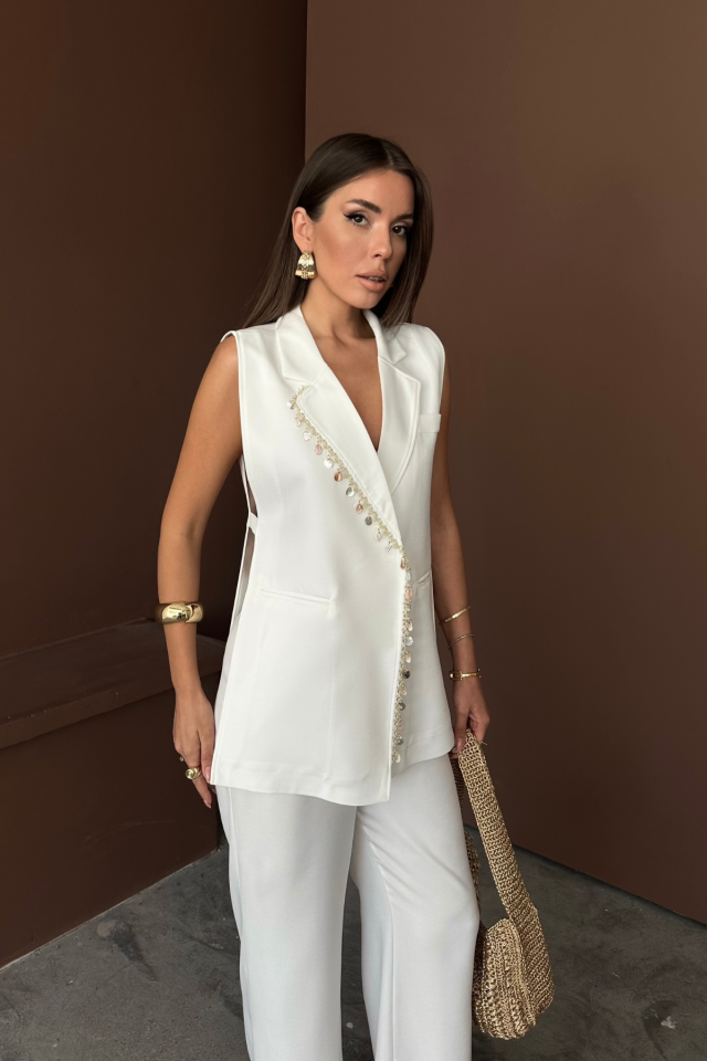 YAKA MİDYE KABUĞU SIRALI YELEK - PANTOLONTAKIM KETEN KUMAŞ - Beyaz