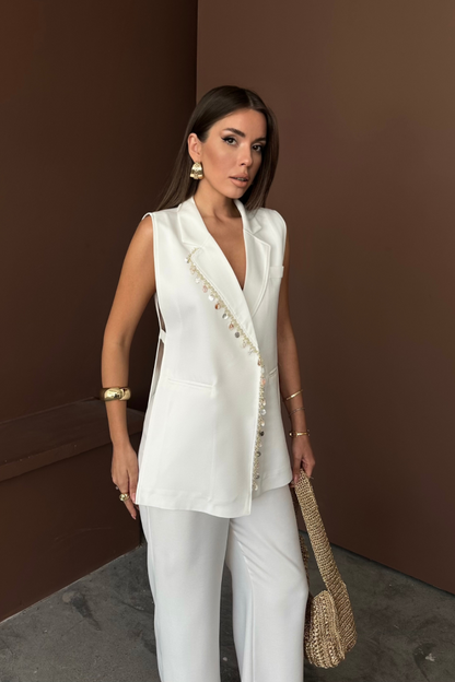 YAKA MİDYE KABUĞU SIRALI YELEK - PANTOLONTAKIM KETEN KUMAŞ - Beyaz