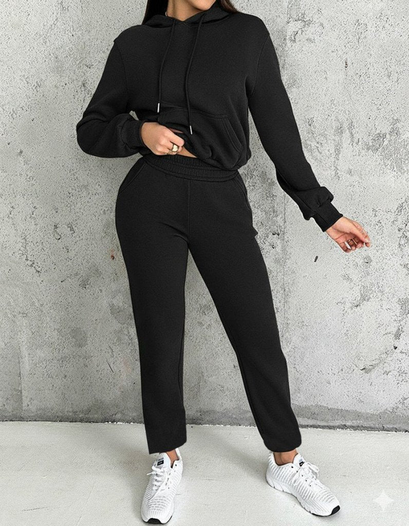 Kadın Uzun Kollu Kapşonlu Bağcıklı üç Iplik Bluz Ve Pantolon Ikili Takım