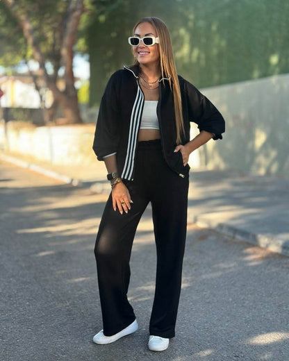 Kadın Uzun Kollu Kapşonlu Onu şerit Detaylı Fermuarlı Viskon Iki Iplik Bluz Ve Pantolon Ikili Takım