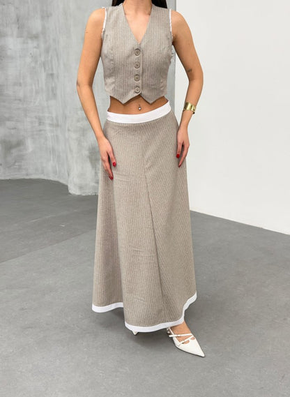 Gi̇o Çi̇zgi̇li̇ Garni̇li̇ Mi̇di̇ Etek Yelek Takim