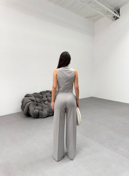 Toskana Çi̇zgi̇li̇ Kruvaze Yaka Tek Düğmeli̇ Yelek Pantolon Takim