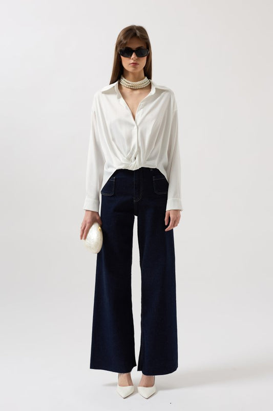 Bel Büzgülü Crop Saten Gömlek