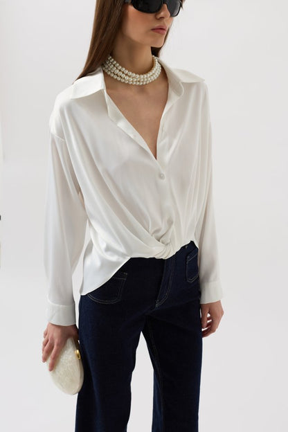 Bel Büzgülü Crop Saten Gömlek