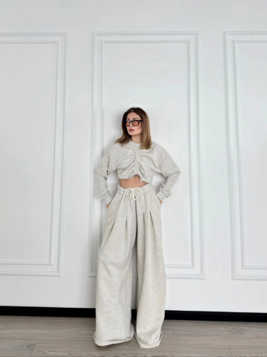 Uzun Kollu Önü İp Büzgülü  Crop Ve Pantolon İkili Takım - Gri
