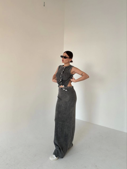 Uzun Etekli Önü Düğmeli Badi İkili Takım- Antrasit