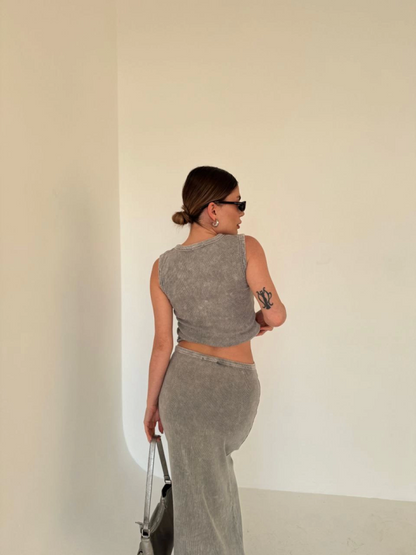 Uzun Etekli Önü Düğmeli Badi İkili Takım- Gri