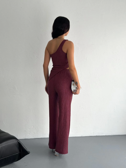 Asimetrik Crop Pantalon Ikili Takım - Gül Kurusu