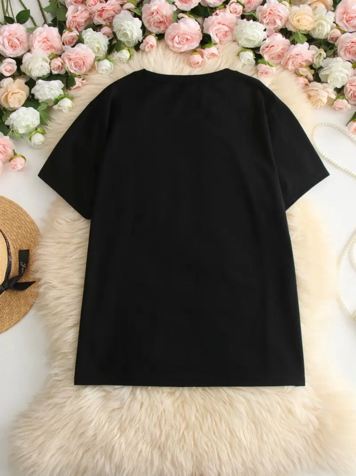 Baskılı Oversize Bisiklet Yaka T-shirt - Siyah