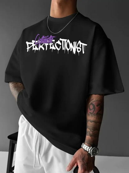 Baskılı Oversize Bisiklet Yaka T-shirt - Siyah