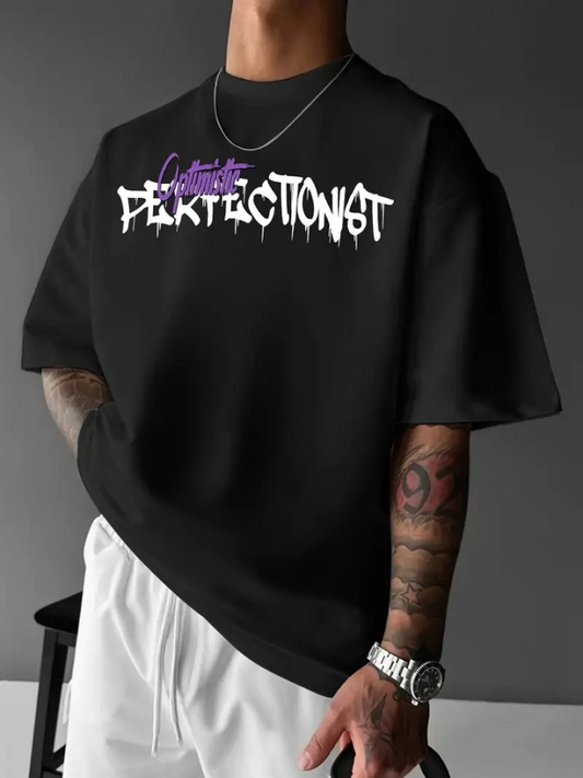 Baskılı Oversize Bisiklet Yaka T-shirt - Siyah