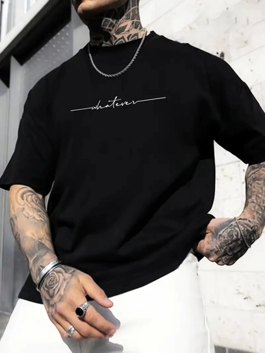 Baskılı Oversize Bisiklet Yaka T-shirt - Siyah