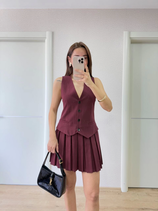 Takım Görünümlu Yelekli Mini Elbise- Bordo