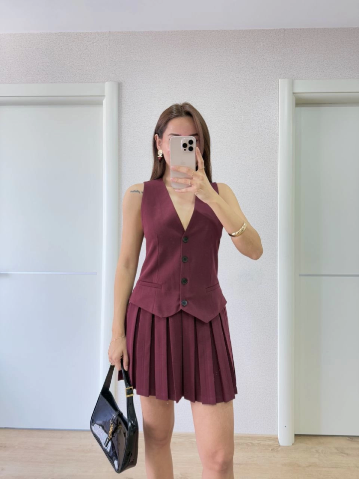 Takım Görünümlu Yelekli Mini Elbise- Bordo