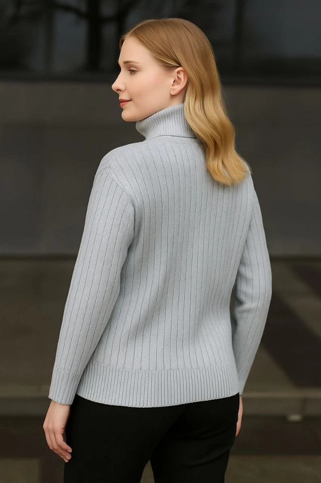 Balıkcı Yaka Bağazlı Triko Kazak Pamuklu Kalın Fitilli Dokuma - Gri