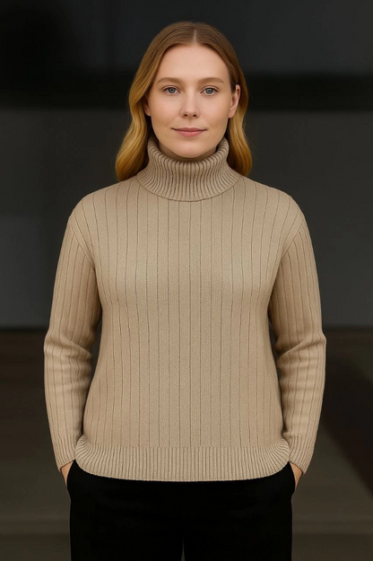 Balıkcı Yaka Bağazlı Triko Kazak Pamuklu Kalın Fitilli Dokuma - Bej