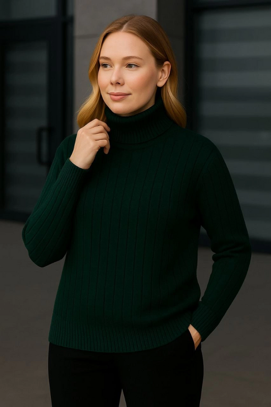 Balıkcı Yaka Bağazlı Triko Kazak Pamuklu Kalın Fitilli Dokuma - Haki