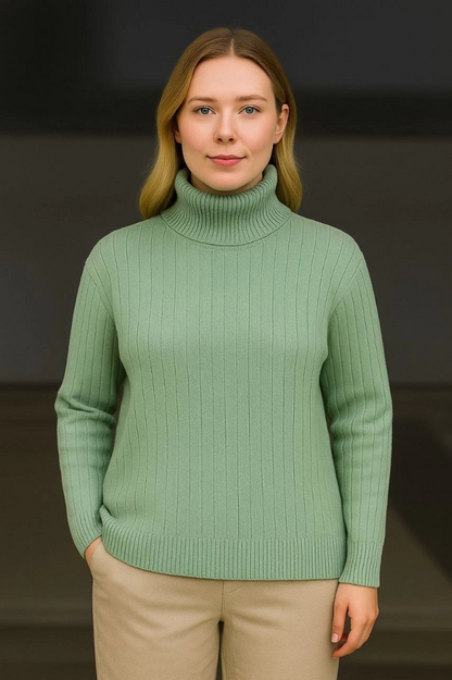 Balıkcı Yaka Bağazlı Triko Kazak Pamuklu Kalın Fitilli Dokuma - Mint Yeşili