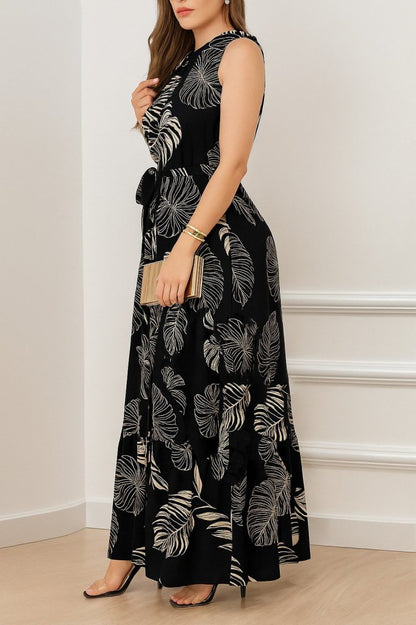 Kadın Sıfır Kok Bağcıklı Kemerli Etek Ucu Fırfırlı Desenli Süprem Elbise