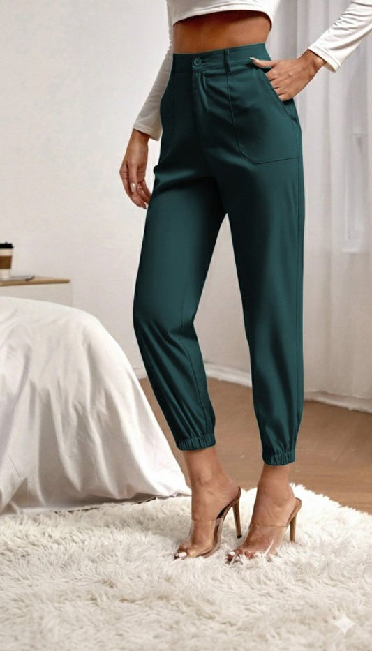 Kadın Yüksek Bel Cepli Paçası Lastikli Ithal Krep Pantolon