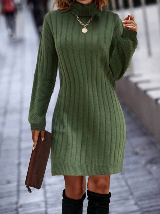 Kadın Uzun Kollu Boğazlı Uzun Balon Kol Triko Mini Elbise