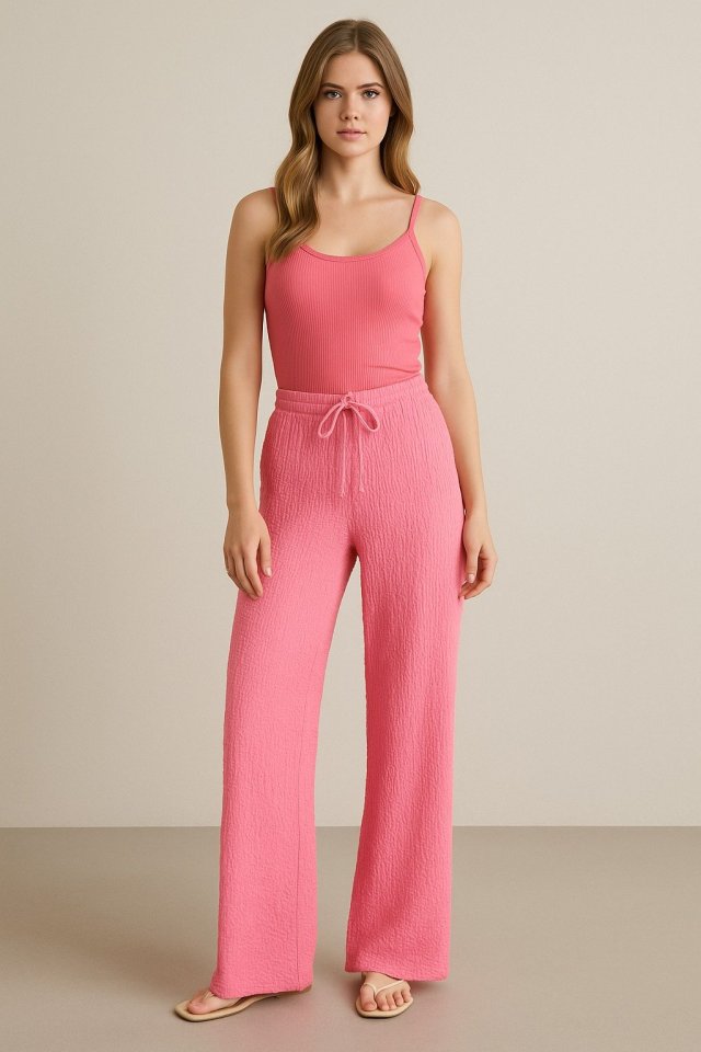 Kadın Beli Lastikli Pol Paça Pantolon