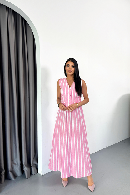 KETEN ÇİZGİLİ YELEK - UZUN ETEK TAKIM - Pembe