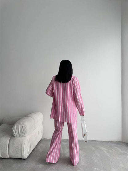 ÇİZGİLİ KETEN YELEK-PANTOLON TAKIM - Pembe