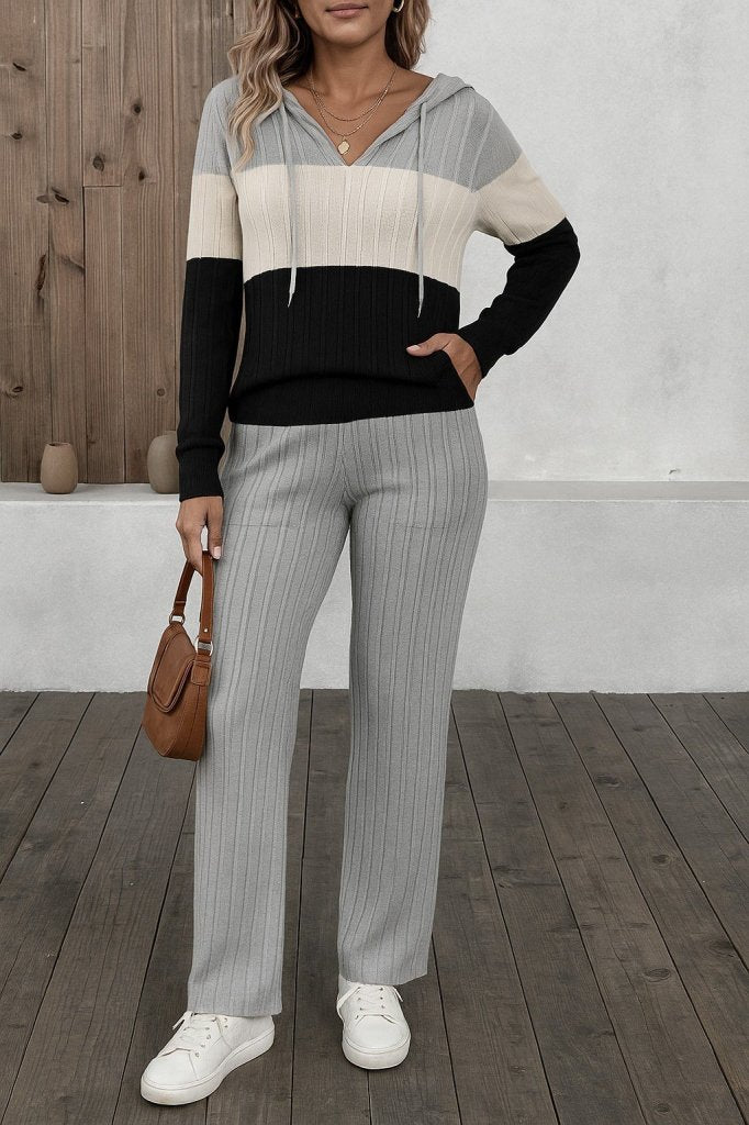 Kadın Uzun Kollu Kapşonlu Bağcıklı Blok Renkli şardonlu Kaşkorse Bluz Ve Pantolon Ikili Takım