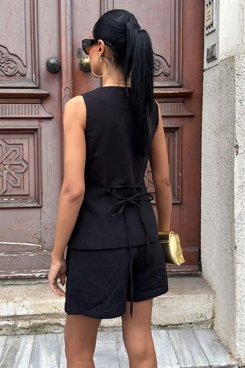 Gold Düğme Detaylı Yelek Şort Cotton Takım 10134-17