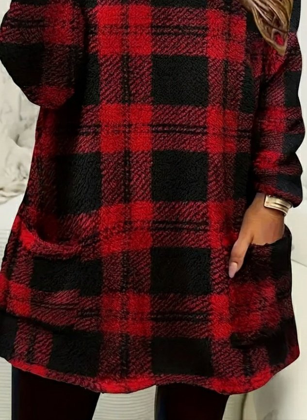 Kadın Uzun Kollu Yarı Balıkçı Yakalı Cep Detaylı Ekoseli Dokuma Tunik