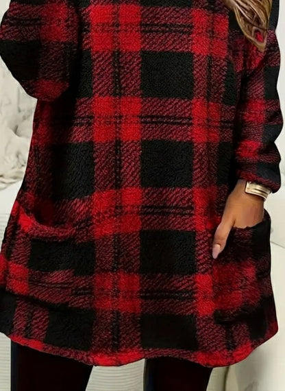 Kadın Uzun Kollu Yarı Balıkçı Yakalı Cep Detaylı Ekoseli Dokuma Tunik