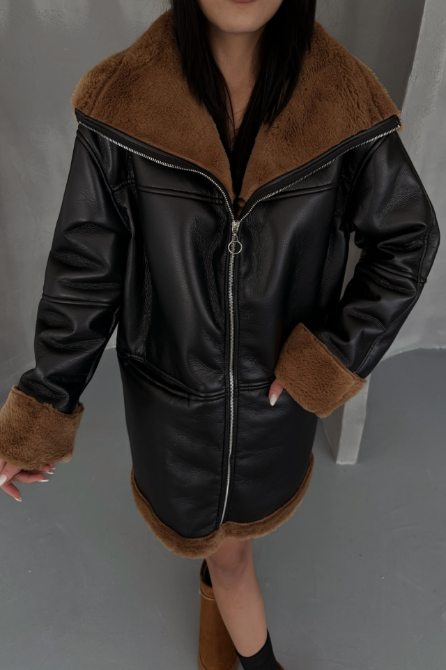 DERİ MONT KOL VE YAKA PELUŞ KAPAKSIZ CEP DETAYLI - Siyah-Taba