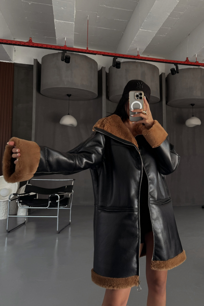 DERİ MONT KOL VE YAKA PELUŞ KAPAKSIZ CEP DETAYLI - Siyah-Taba