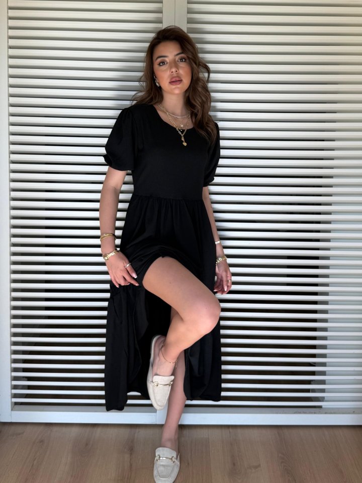 Kadın Kısa Kollu Yakası Açık Katlı Bürümcük Balon Elbise