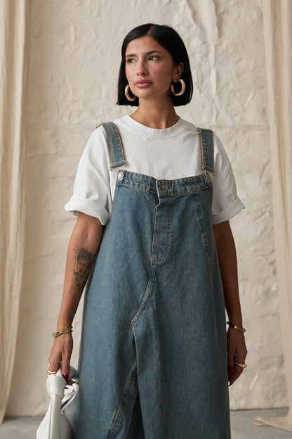 Mavi Askılı Düğmeli Kot Elbise